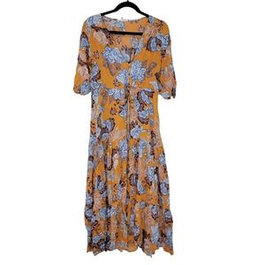 Abel The Label Mango Magic‎ Mustard Yellow Floral Tiered Maxi Dress Boho Size S